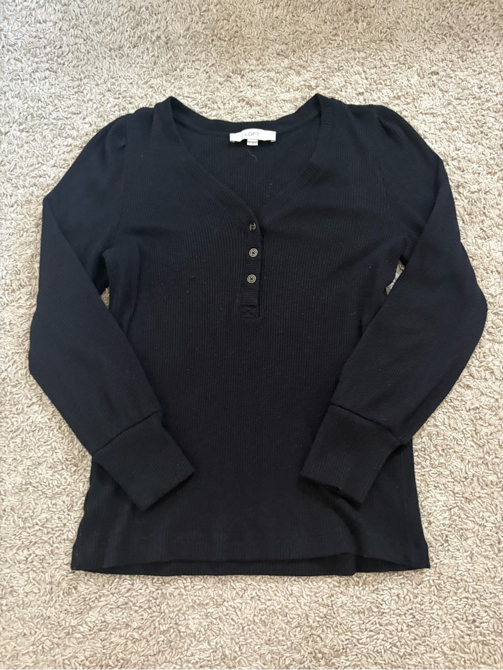 LOFT Black Ribbed Henley Long Sleeve Tee